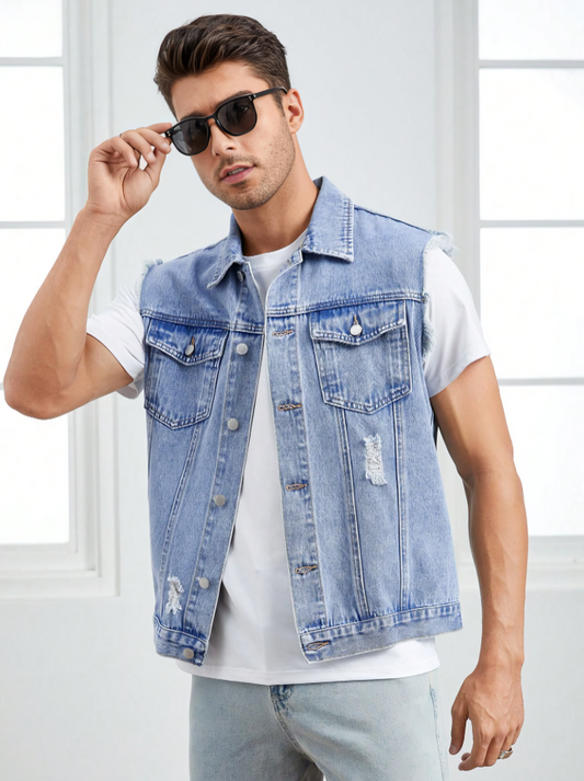 Men's Ripped Denim Vest with Flap Pockets