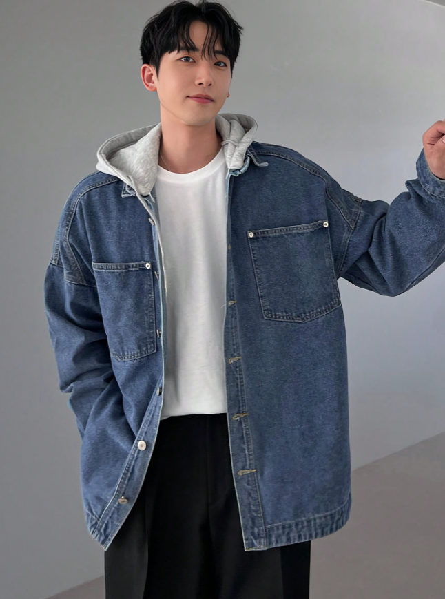 Men’s Color Block Drop Shoulder Long Sleeve Pocket Hoodie Denim Jacket