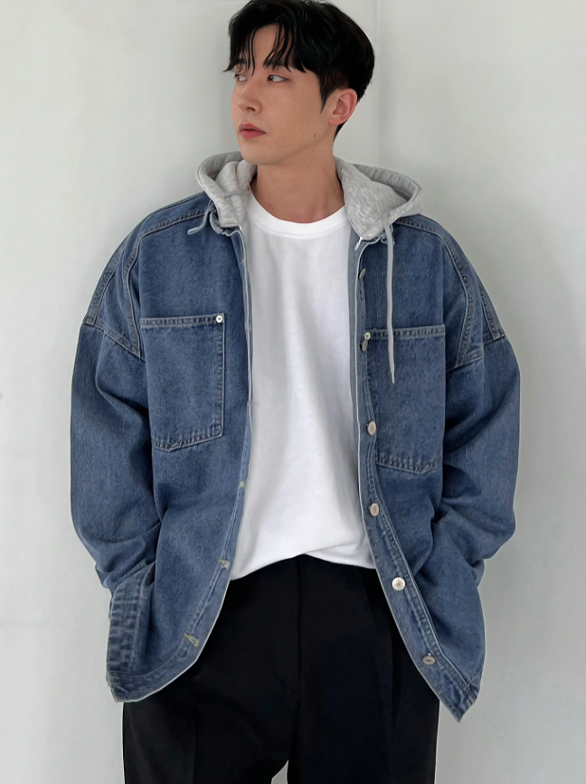 Men’s Color Block Drop Shoulder Long Sleeve Pocket Hoodie Denim Jacket