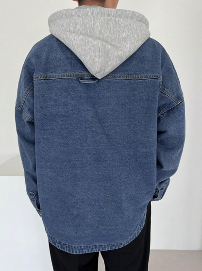 Men’s Color Block Drop Shoulder Long Sleeve Pocket Hoodie Denim Jacket